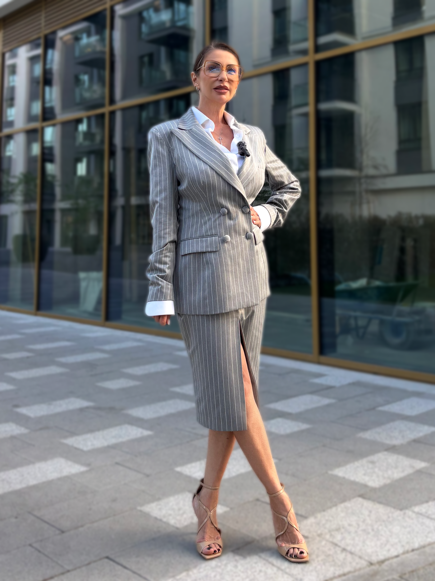 Monaco signature stripe skirt suit – Grey