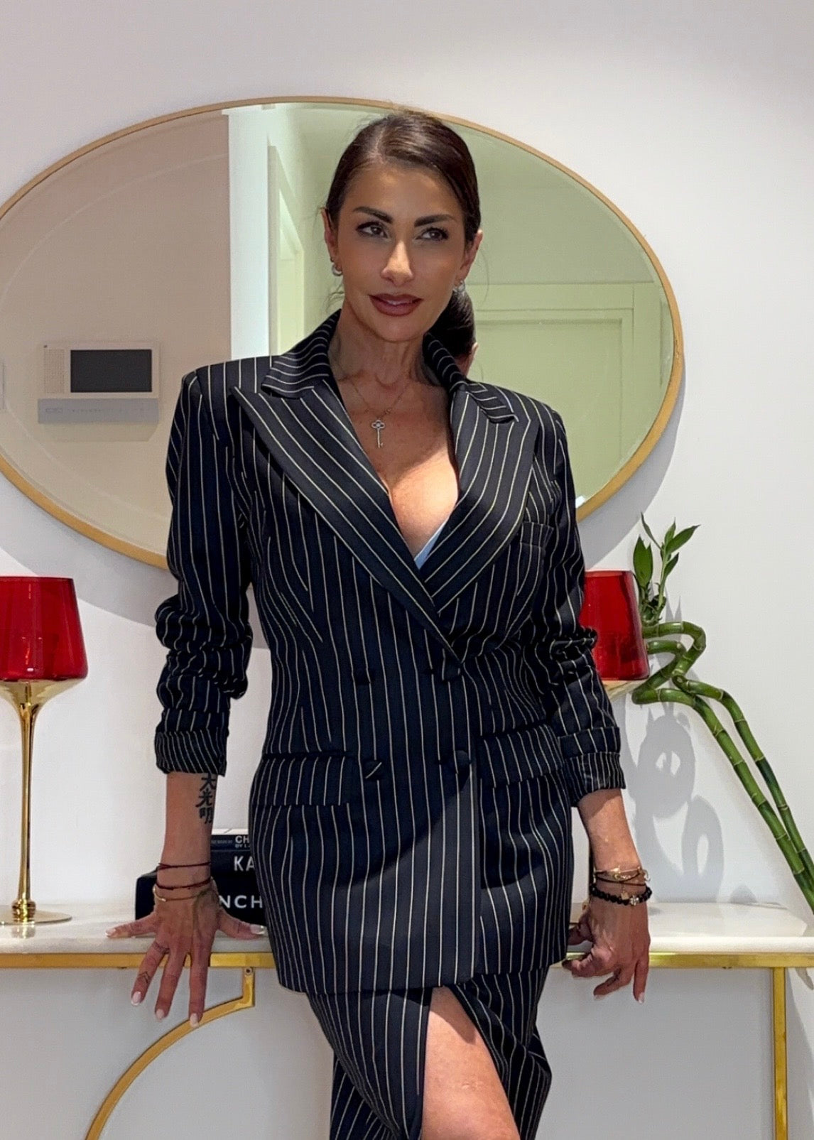 Monaco signature stripe skirt suit – black
