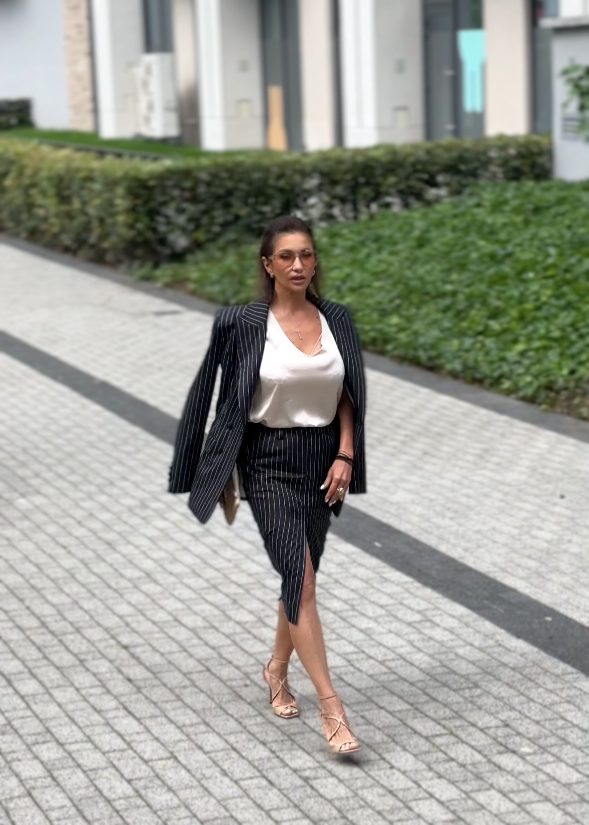 Monaco signature stripe skirt suit – black
