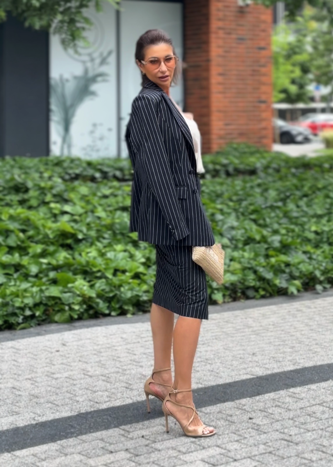 Monaco signature stripe skirt suit – black